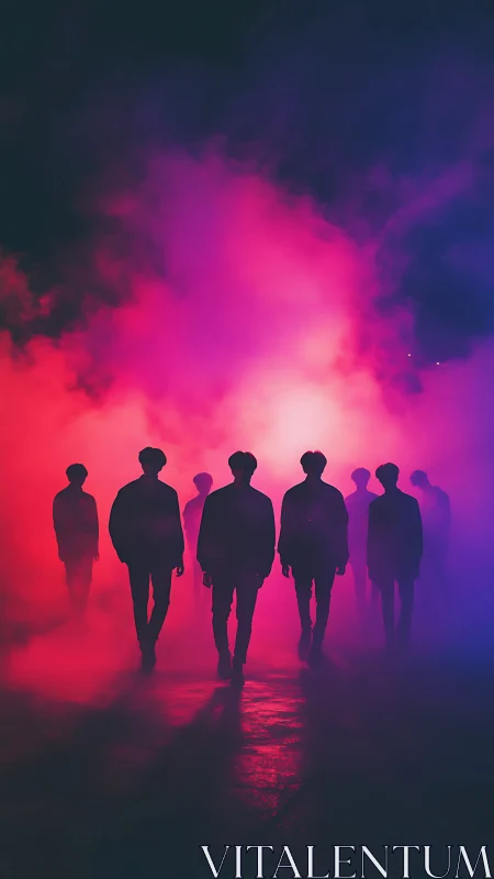 Silhouetted figures stride through neon fog in cinematic glare