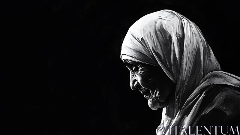 Silent side-lit elder wrapped in sculpted monochrome grace.