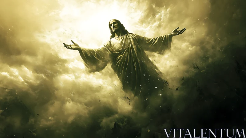 Luminous robed figure ascending through volumetric golden clouds.