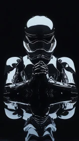 Chrome armored android in meditative pose under dramatic reflections