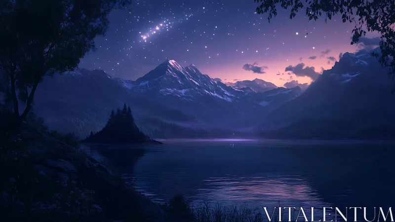 Twilight alpine lakescape captures ethereal starlit gradients