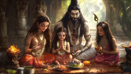 Hindu deity family worship scene in sunlit temple courtyard.