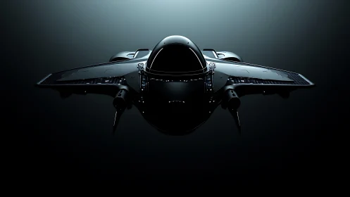 Futuristic black spacecraft rendered in dramatic 3D lighting.