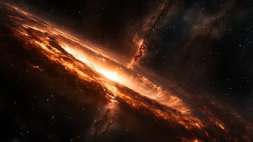 Spiraling ember galaxy cradling a quiet cosmic sunrise.