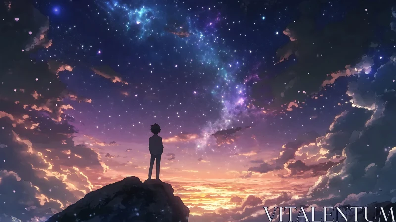 Silhouetted dreamer gazes into a luminous galactic sky.