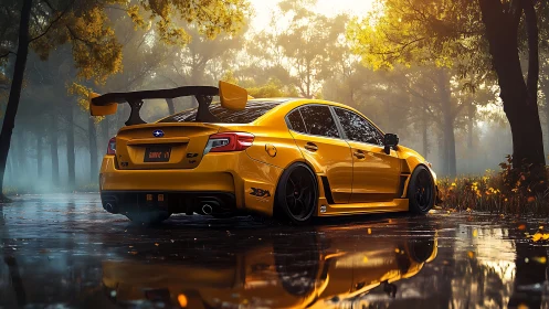 Golden Subaru tuner car waits in a misty autumn forest lane
