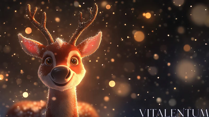 Smiling cartoon reindeer under glowing winter snowfall.
