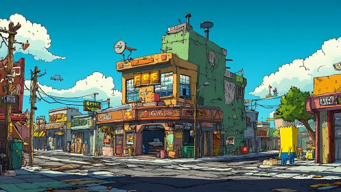 Cell-shaded urban street with weathered low-rise shops in sunlight