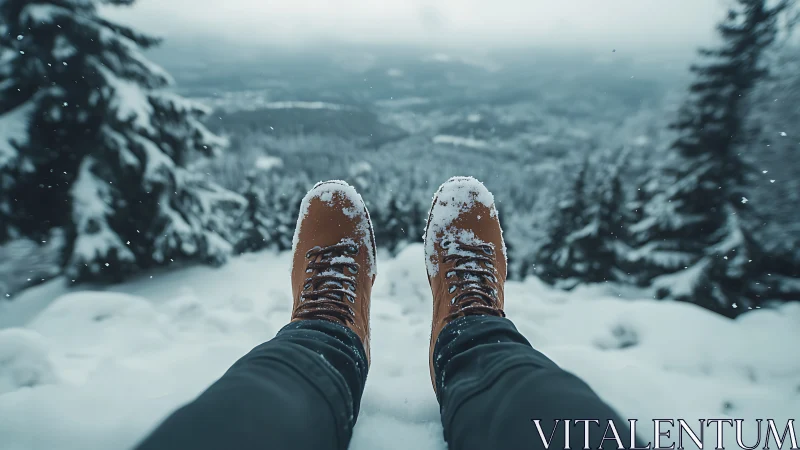 Snow-dusted boots dangling above a misty winter valley.