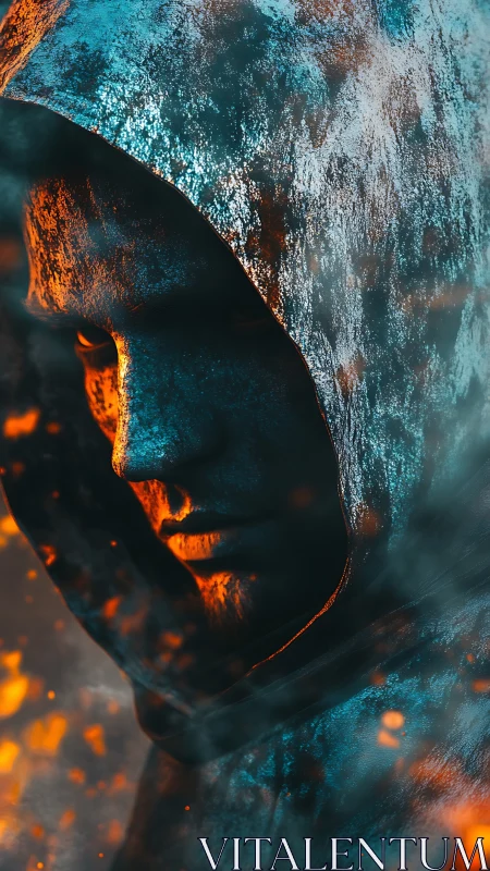 Hooded digital portrait uses teal shadows and orange rim light