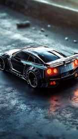 Futuristic black sports car on wet neon street at dusk.