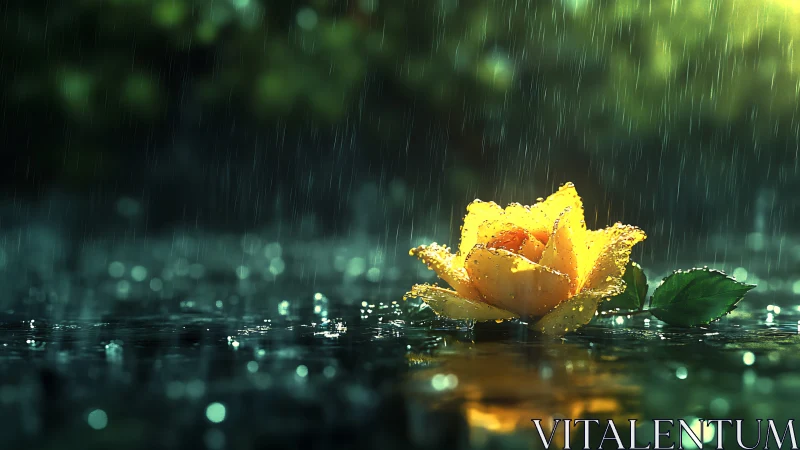 Macro yellow rose in rainfall with shallow depth of field