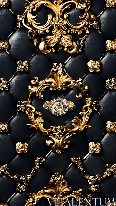 Baroque gold filigree on tufted black leather with crystals