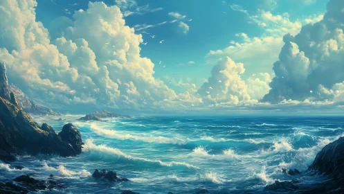 Coastal seascape with waves, rocky cliffs, and dense clouds.