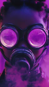 Neon dusk sentinel in chrome respirator and radiant goggles.