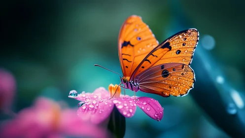 Rain-kissed orange butterfly poised on luminous pink petals.