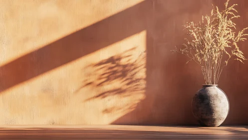 Textured terracotta wall with ceramic vase and dried grass