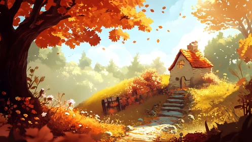 Cozy autumn cottage glowing beneath golden forest light.