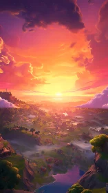 Golden sunrise pours over a peaceful valley of rolling hills