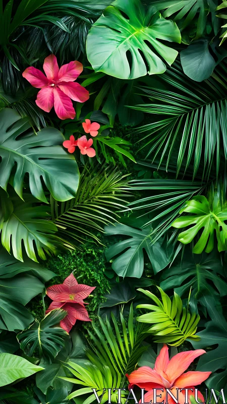 Tropical foliage background with vivid red flowers.