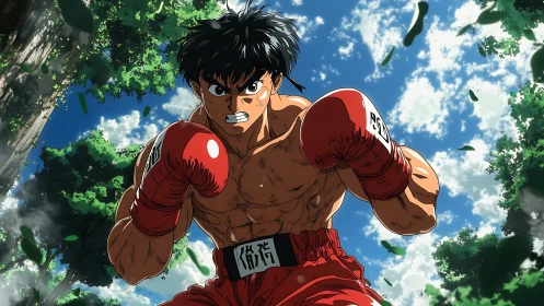 Anime boxer drives forward under bright forest sky.