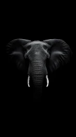 High-contrast frontal elephant portrait on black background