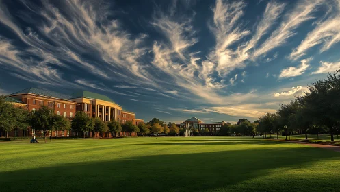 University campus lawn under dramatic evening sky.