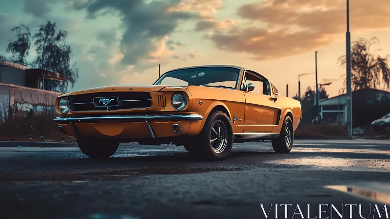 Yellow classic fastback car on wet urban roadway at dusk.
