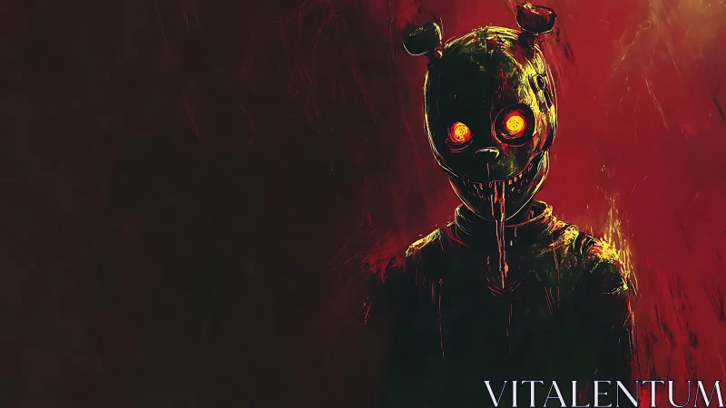 Mechanical horror figure framed by infernal red glow.