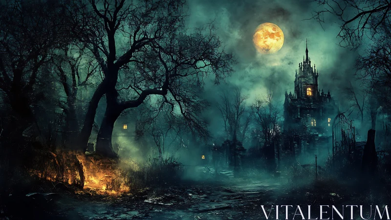 Gothic digital painting of haunted manor under full moon.