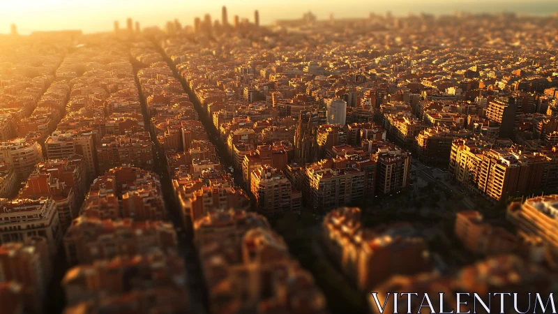 Sunlit gridded cityscape with long avenues at golden hour.