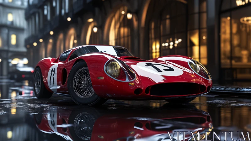 Wet-street render of classic red racing coupe with reflective bodywork.