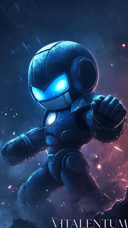 Armored blue robot in stormy neon sci fi battle scene.