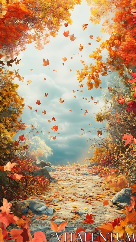 Golden autumn path under swirling leaves and soft sky.