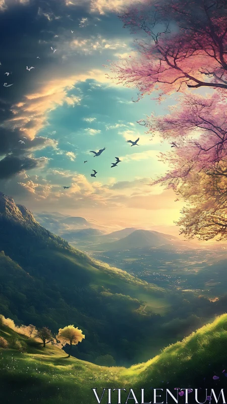 Gentle sunrise valley under blossoming pastel skies.