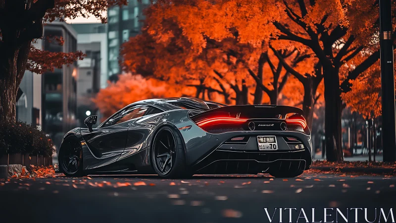Low supercar parked under dense orange autumn foliage
