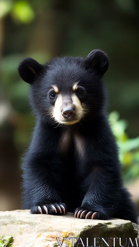 Young black bear cub standing on rock in forest setting.