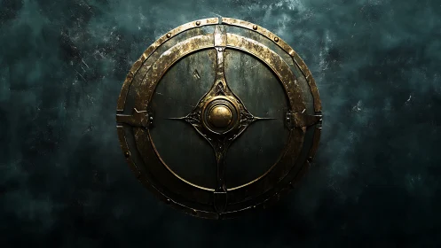 Ancient bronze shield rests in shadow with quiet strength