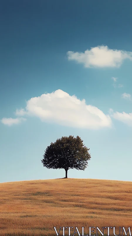 Solitary tree crowns a golden hill beneath calm blue skies