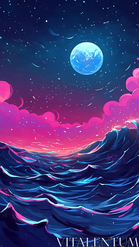 Chromatic cosmic seascape with stylized waves under luminous moon