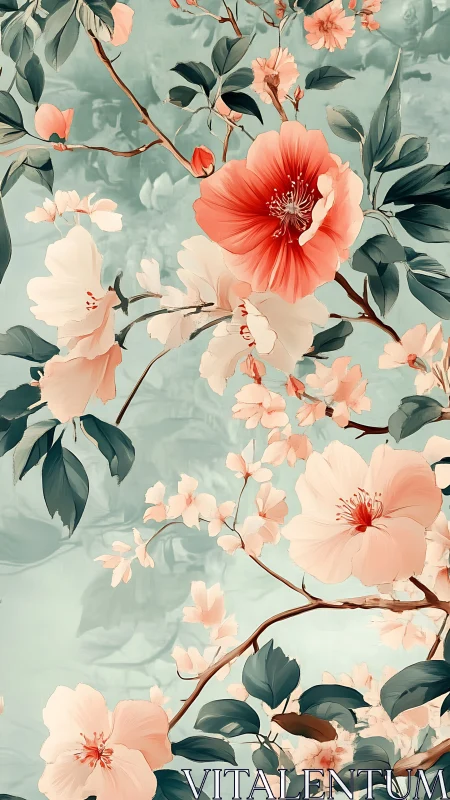 Botanical illustration featuring coral and cream blossoms with teal foliage.