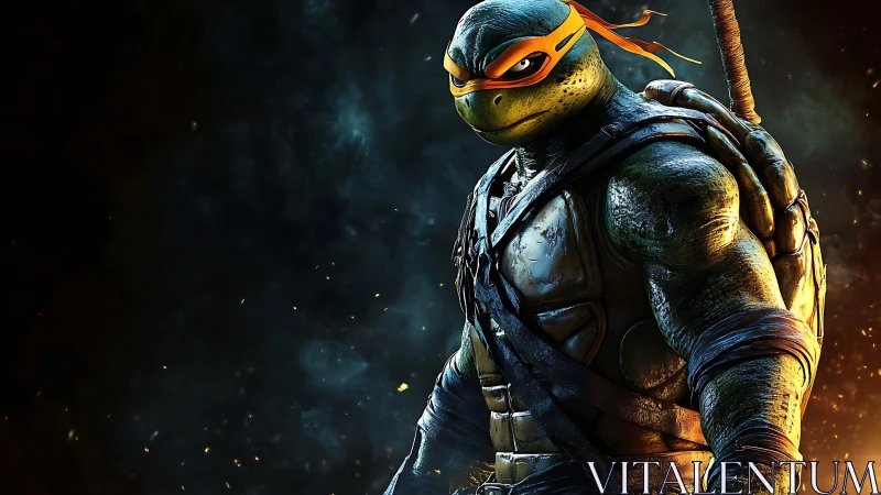 Battle ready mutant turtle hero amid ember flecked darkness.