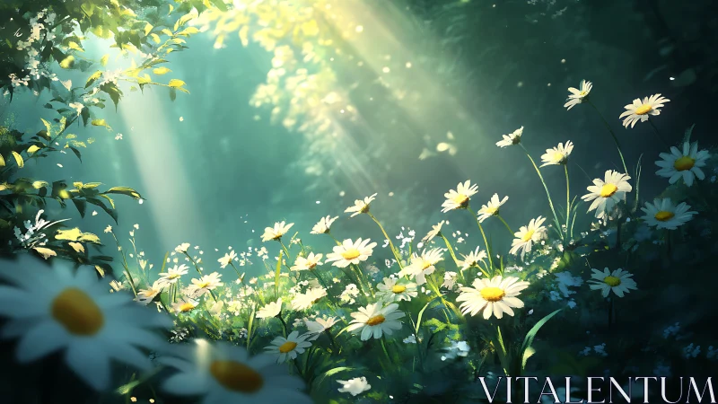 Sunlit wildflower glade with luminous drifting dust motes.