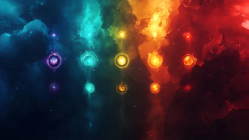 Chromatic cosmic orbs aligned within luminous nebular clouds.
