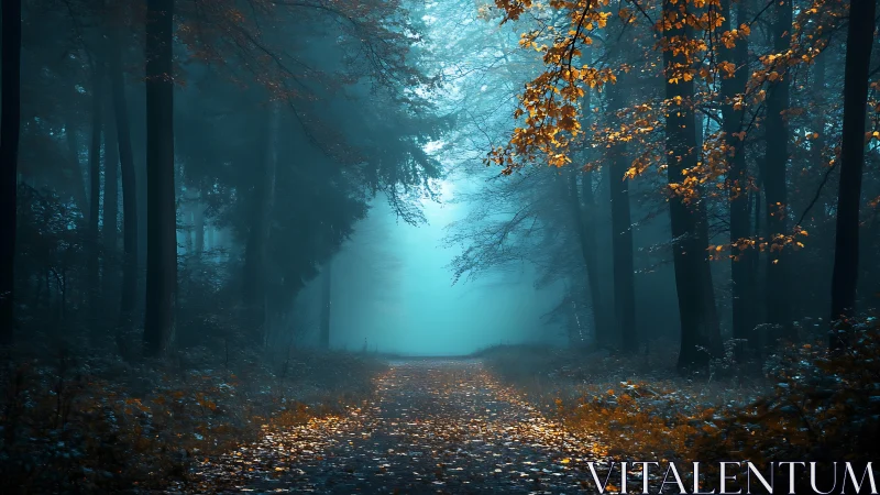 Mystical Forest Path in Teal and Amber Mist.