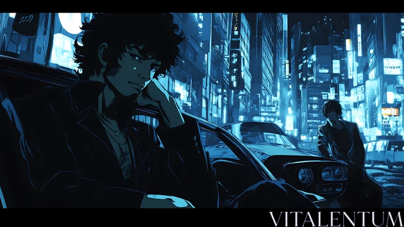 Two men wait beside cars under dense neon city lighting