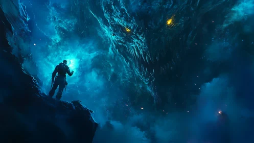 Brave explorer meets a glowing cosmic dragon in blue mist.