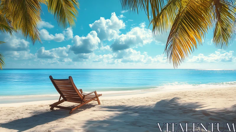 Tropical Beach Sanctuary with Wooden Lounge Chair.