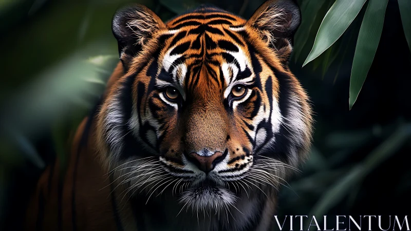 Tiger portrait framed by jungle leaves in sharp focus.