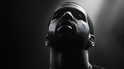 Low angle monochrome portrait with high contrast lighting.